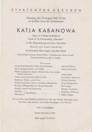 Staatsoper Dresden, Günter Haußwald: Programmheft Ostrowskij / Leos Janacek KATJA KABANOWA 23. August 1949 (18). 