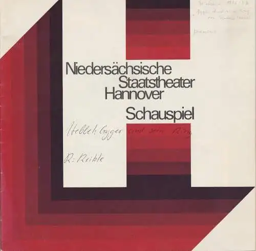 Niedersächische Staatstheater Hannover, Günter Roth, Dramaturgie des Schauspiels, Kurt Julius, Holger Matthies: Programmheft Friedrich Hebbel GYGES UND SEIN RING Premiere 19 September 1976 (18). 