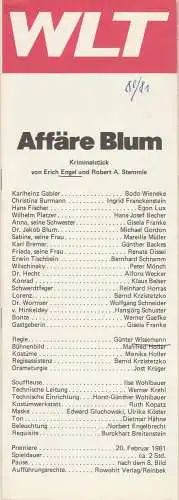 Westfälisches Landestheater WLT, Herbert Hauck, Ernst Franz, Jost Krüger: Programmheft Erich Engel AFFÄRE BLUM Premiere 20. Februar 1981 Spielzeit 1980 / 81 (18). 