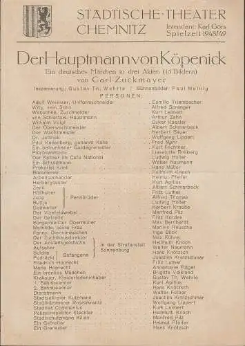 Städtische Theater Chemnitz, Karl Görs: Theaterzettel Carl Zuckmayer DER HAUPTMANN VON KÖPENICK Spielzeit 1948 / 49 (18). 