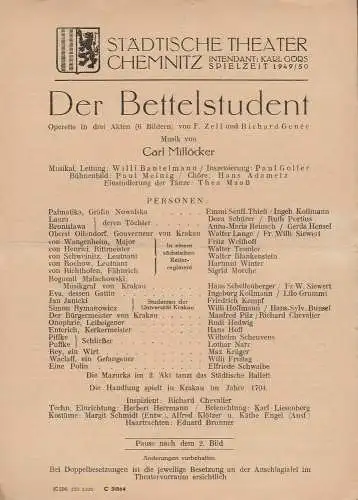 Städtische Theater Chemnitz, Karl Görs: Theaterzettel Carl Millöcker DER BETTELSTUDENT Spielzeit 1949 / 50 (18). 