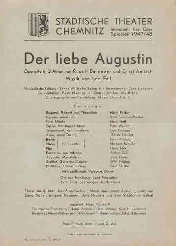 Städtische Theater Chemnitz, Karl Görs: Theaterzettel Leo Fall DER LIEBE AUGUSTIN Spielzeit 1947 / 48 (18). 