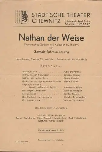 Städtische Theater Chemnitz, Karl Görs: Theaterzettel Gotthold Ephraim Lessing NATHAN DER WEISE Spielzeit 1946 / 47 (18). 