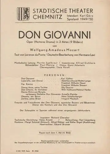 Städtische Theater Chemnitz, Karl Görs: Theaterzettel Wolfgang Amadeus Mozart DON GIOVANNI Spielzeit 1949 / 50 (18). 