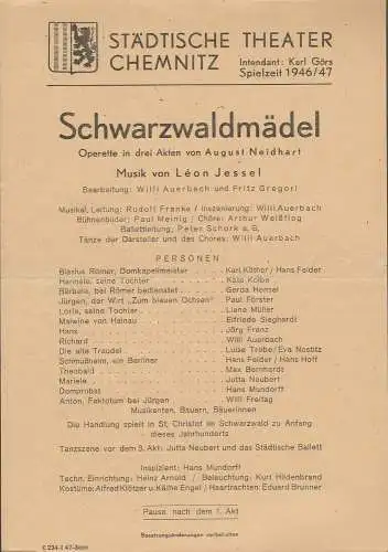 Städtische Theater Chemnitz, Karl Görs: Theaterzettel Leon Jessel SCHWARZWALDMÄDEL Spielzeit 1946 / 47 (18). 