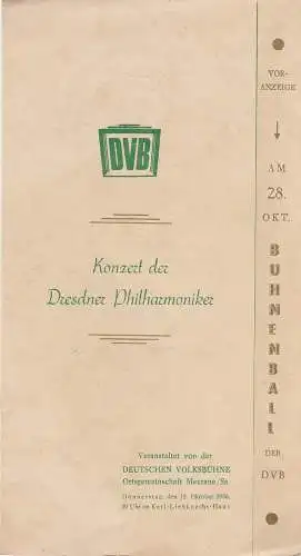 Deutsche Volksbühne Ortsgemeinschaft Meerane / sa: Programmheft KONZERT DER DRESDNER PHILHARMONIKER 12. Oktober 1950 Karl-Liebknecht-Haus (18). 