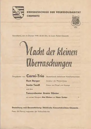 Städtische Konzertdirektion Chemnitz: Theaterzettel NACHT DER KLEINEN ÜBERRASCHUNGEN 8. Oktober 1949 Luxor-Palast Chemnitz (18). 