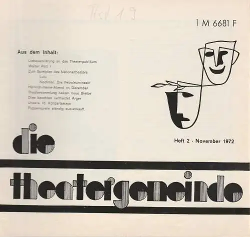 Theatergemeinde für das Nationaltheater Mannheim: Blätter der Theatergemeinde für das Nationaltheater Mannheim Heft 2 November 1972 (18). 