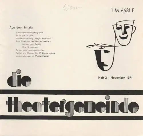 Theatergemeinde für das Nationaltheater Mannheim: Blätter der Theatergemeinde für das Nationaltheater Mannheim Heft 2 November 1971 (18). 