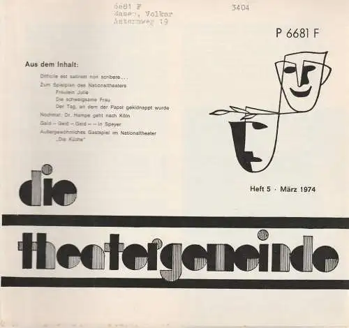Theatergemeinde für das Nationaltheater Mannheim: Blätter der Theatergemeinde für das Nationaltheater Mannheim Heft 5 März 1974 (18). 