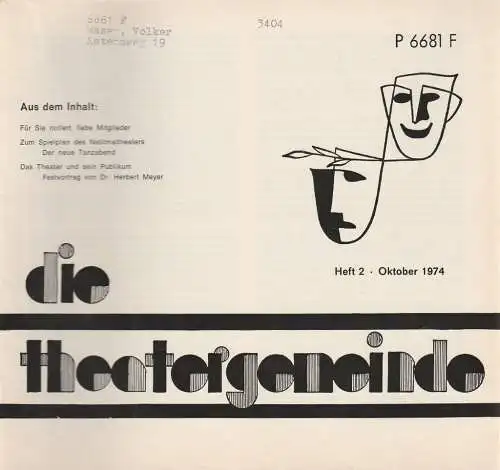 Theatergemeinde für das Nationaltheater Mannheim: Blätter der Theatergemeinde für das Nationaltheater Mannheim Heft 2 Oktober 1974 (18). 