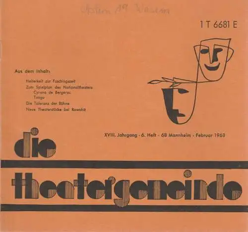 Theatergemeinde für das Nationaltheater Mannheim: Blätter der Theatergemeinde für das Nationaltheater Mannheim Heft 6 Februar 1968 (18). 
