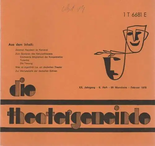 Theatergemeinde für das Nationaltheater Mannheim: Blätter der Theatergemeinde für das Nationaltheater Mannheim Heft 6 Februar 1970 (18). 