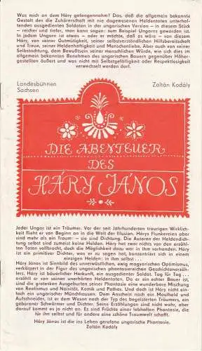 Landesbühnen Sachsen, Alfred Lübke, Rosemarie  Dietrich, Peter Hamann: Programmheft Zoltan Kodaly: Die Abenteuer des Hary Janos Premiere 27. / 28. 10 1984 Spielzeit 1984 / 85 Heft 2 (18). 