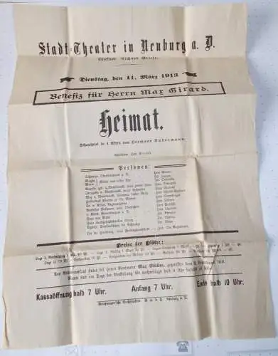 Stadt=Theater Neuburg a. Donau, Richard Griese: Theateraushang HEIMAT Schauspiel von Hermann Sudermann 11. März 1913 (18). 