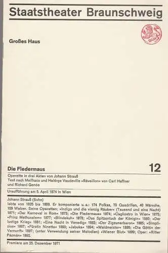 Staatstheater Braunschweig, Hans Peter Doll, Heinz H. Rosenthal, Alek Pohl, Herbert J. E. Fischer: Programmheft Johann Strauß DIE FLEDERMAUS Premiere 25. Dezember 1971 Heft 12 (18). 