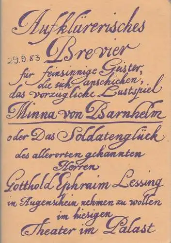 Theater im Palast, Vera Oelschlegel, Manfred Haacke / Christina Schumann: Programmheft Lessing MINNA VON BARNHELM Premiere 6. Mai 1983 8. Spielzeit 1983 (18). 