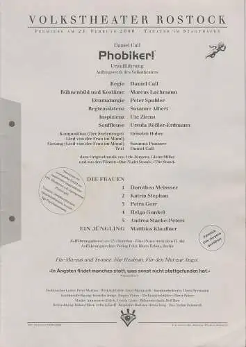 Volkstheater Rostock, Michael Winrich Schlicht, Peter Spuhler: Programmheft Uraufführung Daniel Call PHOBIKER! Premiere 25. Februar 2000 Theater im Stadthafen Spielzeit 1999 / 2000 (18). 