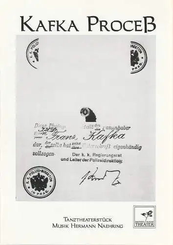 Brandenburger Theater, Michael Muhr, Matthias Grätz, Walter Rogge: Programmheft Hermann Naehring KAFKA PROCEß Premiere 1. Juni 1996 Studiobühne Spielzeit 1995 / 96 Heft 22 (18). 