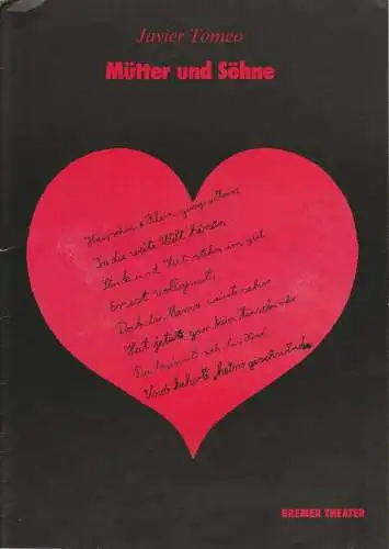 Bremer Theater, Tobias Richter, Rolf Rempe, Ulrich Fuchs, Mathias Schönsee, Claudia Hoppens: Programmheft Javier Tomeo MÜTTER UND SÖHNE Premiere 9. Oktober 1991 Heft 4 (18). 
