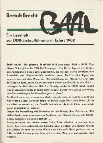 Städtische Bühnen Erfurt, Bodo Witte, Lothar Ehrlich, Friedo Solter, Hans Nadolny, Harald Gerlach, Regina Holland-Cunz: Programmheft Bertolt Brecht BAAL Premiere 27. Februar 1982 Spielzeit 1982 Heft 2 (18). 