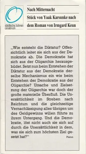 Städtische Bühnen Osnabrück, Erdmut Christian August, Wilfried Harlandt: Programmheft Uraufführung Yaak Karsunke NACH MITTERNACHT Premiere 16. Februar 1982  Großes Haus Spielzeit 1981 / 82 Heft 10 (18). 