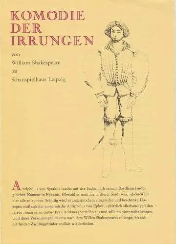 Leipziger Theater, Karl Kayser, Christoph Hamm, Matthias Caffier, Volker Wendt, Gunter Kaiser: Programmheft William Shakespeare DIE KOMÖDIE DER IRRUNGEN Premiere 17. Oktober 1973 Schauspielhaus Spielzeit 19771 / 72 Heft 21 (18). 
