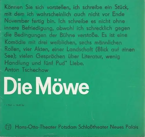 Hans-Otto-Theater Potsdam, Michael Philipps, Gabriele Koerbl: Programmheft Anton Tschechow DIE MÖWE Premiere 29. September 1973 Schloßtheater im Neuen Palais Spielzeit 1973 / 74 Heft 2 (18). 