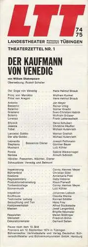 Landestheater Württemberg-Hohenzollern, Manfred Beilharz, Heiner Mey, Klaus Pierwoß, Wolfgang Spielvogel: Programmheft William Shakespeare DER KAUFMANN VON VENEDIG Premiere 12. September 1974 Tübingen Spielzeit 1974 / 75  Theaterzettel Nr. 1 (18). 