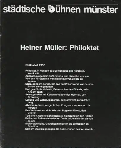 Städtische Bühnen Münster, Frieder Lorenz, Erdmut Christian August, Wilfried Harlandt: Programmheft Heiner Müller PHILOKTET Premiere  7. Dezember 1979 Kleines Haus Spielzeit 1979 / 80 Heft 13 (18). 