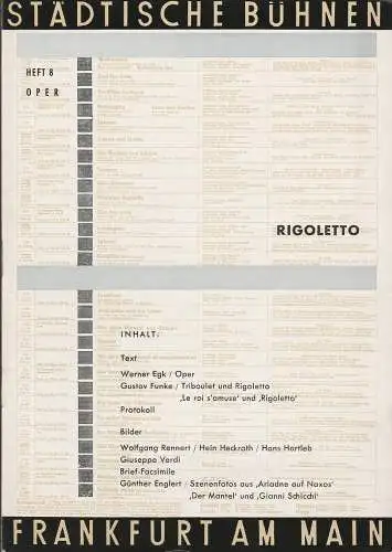 Städtische Bühnen Frankfurt am Main, Harry Buckwitz, Günter Skopnik, Rudi Seitz: Programmheft Giuseppe Verdi RIGOLETTO 11. November 1956  Grosses Haus Spielzeit 1955 / 56 Heft 8 (18). 