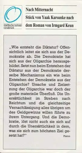 Städtische Bühnen Osnabrück, Erdmut Christian August, Wilfried Harlandt: Programmheft Uraufführung Yaak Karsunke NACH MITTERNACHT 16. Februar 1982 Spielzeit 1981 / 82 Großes Haus Heft 10 (18). 