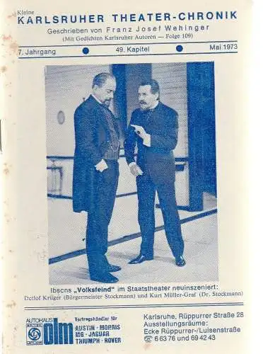 Franz Josef Wehinger: Kleine Karlsruher Theater-Chronik 7. Jahrgang 49. Kapitel Mai 1973 (18). 