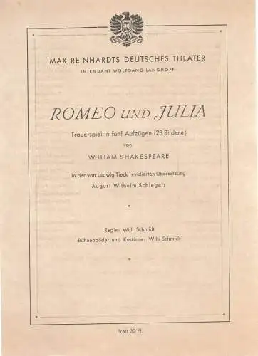 Max Reinhardts Deutsches Theater, Wolfgang Langhoff: Theaterzettel William Shakespeare ROMEO UND JULIA (18). 