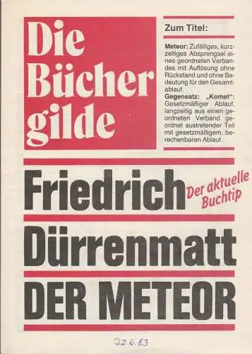 Theater im Palast, Vera Oelschlegel, Manfred Haacke, Gerhard Kruschel: Programmheft Friedrich Dürrenmatt DER METEOR DDR-Erstaufführung am 12. Dezember 1982 7. Spielzeit (18). 