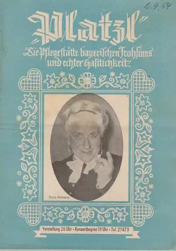Platzl, Die Pflegestätte bayerischen Frohsinns und echter Gastlichkeit, Gast- und Vergnügungsstätte Platzl: Programmheft WEISS BLAUES KARUSSEL Programm September 1954 (18). 