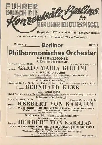 Berliner Kulturspiegel, Berliner Konzert- und Theater-Reklame: Führer durch die Konzertsäle Berlins 16. bis 31 Januar 1977 57. Jahrgang Heft 10 (18). 