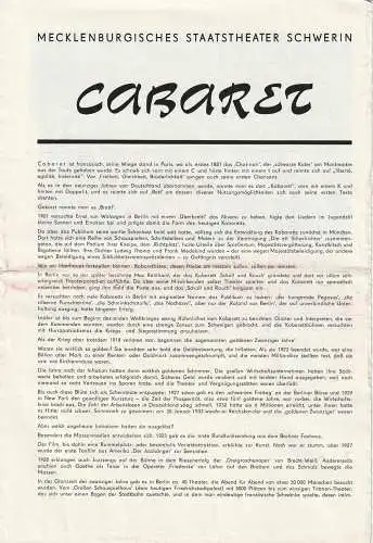 Mecklenburgisches Staatstheater Schwerin, Fritz Wendrich, Ursula Jantz, Karl-Heinz Brückner: Programmheft Kander / Ebb CABARET Premiere 12. Juni 1977 Heft 18 (18). 