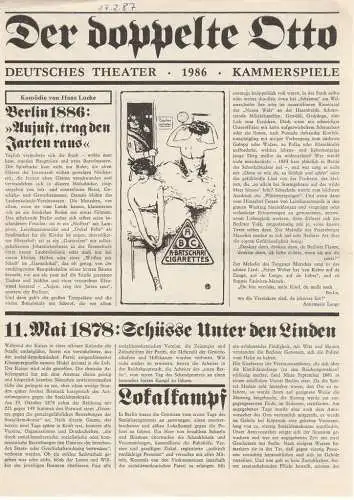 Deutsches Theater Berlin Kammerspiele, Dieter Mann, Hans Nadolny, Grischa Meyer: Programmheft Hans Lucke DER DOPPELTE OTTO Premiere 15. März 1986 Spielzeit 1985 / 86 (18). 
