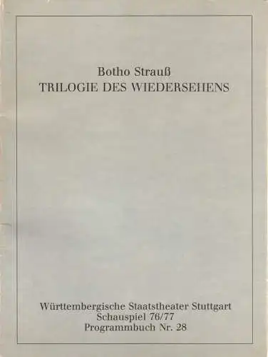 Württembergische Staatstheater Stuttgart, Schauspiel, Vera Sturm: Programmheft Botho Strauß TRILOGIE DES WIEDERSEHENS Premiere 11. Juni 1977 Spielzeit 1976 / 77 Programmbuch Nr. 28 (18). 