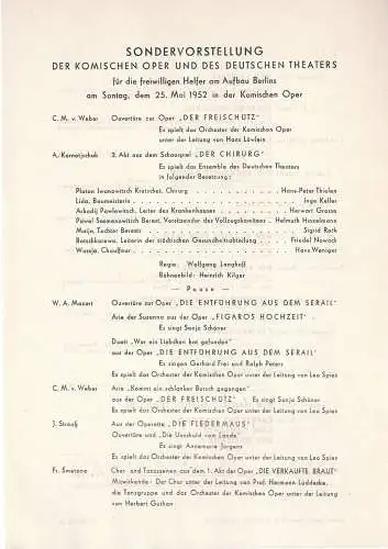Komische Oper: Theaterzettel SONDERVORSTELLUNG DER KOMISCHEN OPER UND DES DEUTSCHEN THEATERS 25. Mai 1962 Komische Oper Spielzeit 1951 / 52 (18). 