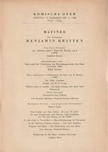 Komische Oper: Programmheft MATINEE DER KOMPONIST BENJAMIN BRITTEN 15. Dezember 1957 Foyer 1. Rang (18). 
