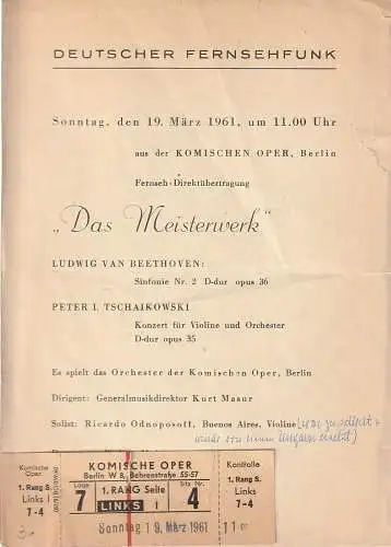 Deutscher Fernsehfunk: Theaterzettel Fernseh-Direktübertragung DAS MEISTERWERK 19. März 1961 Komische Oper Berlin (18). 