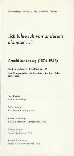 Komische Oper Berlin, Gerhard Müller: Programmheft Arnold Schönberg ICH FÜHLE LUFT VON ANDEREM PLANETEN 20. April 1989 Foyer Komische Oper Spielzeit 1988 / 89 (18). 