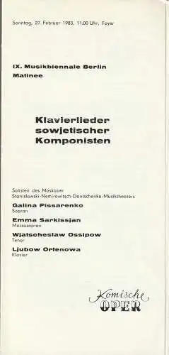 Komische Oper Berlin, Gerhard Müller: Programmheft KLAVIERLIEDER SOWJETISCHER KOMPONISTEN 27. Februar 1983 Foyer Komische Oper Spielzeit 1982 / 83   IX. Musikbiennale Berlin Matinee (18). 