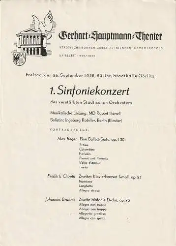 Gerhart-Hauptmann-Theater, Städtische Bühnen Görlitz, Georg Leopold, Jochen Weber-Unger: Theaterzettel 1. SINFONIEKONZERT des verstärkten Städtischen Orchesters 26. September 1952 Stadthalle Görlitz Spielzeit 1952 / 53 (18). 