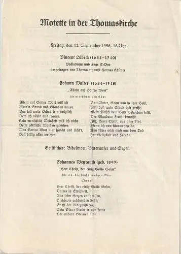 Thomaskirche Leipzig: Programmheft MOTETTE IN DER THOMASKIRCHE  12. September 1958 (18). 