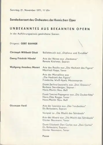 Dramaturgische Abteilung der Komischen Oper Berlin: Programmheft SONDERKONZERT DES ORCHESTERS DER KOMISCHEN OPER  UNBEKANNTES AUS BEKANNTEN OPERN 21. November 1971 Spielzeit 1971 / 72 (18). 