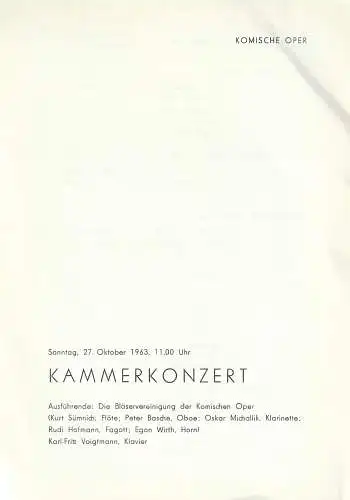 Komische Oper Berlin: Theaterzettel KAMMERKONZERT 27. Oktober 1963 Komische Oper Berlin (18). 