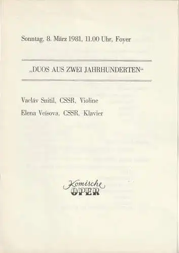 Komische Oper Berlin: Programmheft DUOS AUS ZWEI JAHRHUNDERTEN 8. März 1981 Foyer Komische Oper  Spielzeit 1980 / 81 (18). 